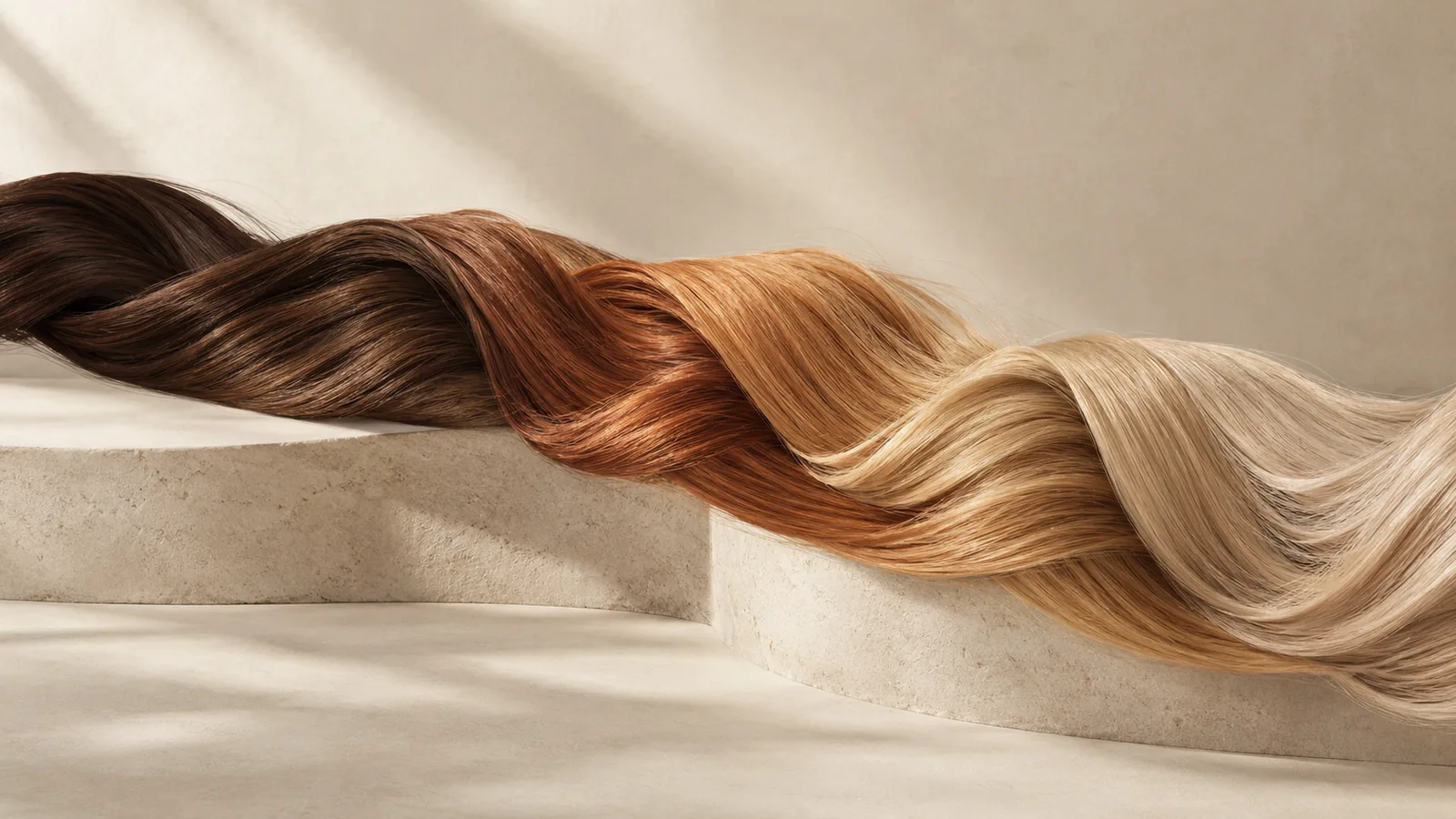 Different brunette, copper and blonde tones representing colour history
