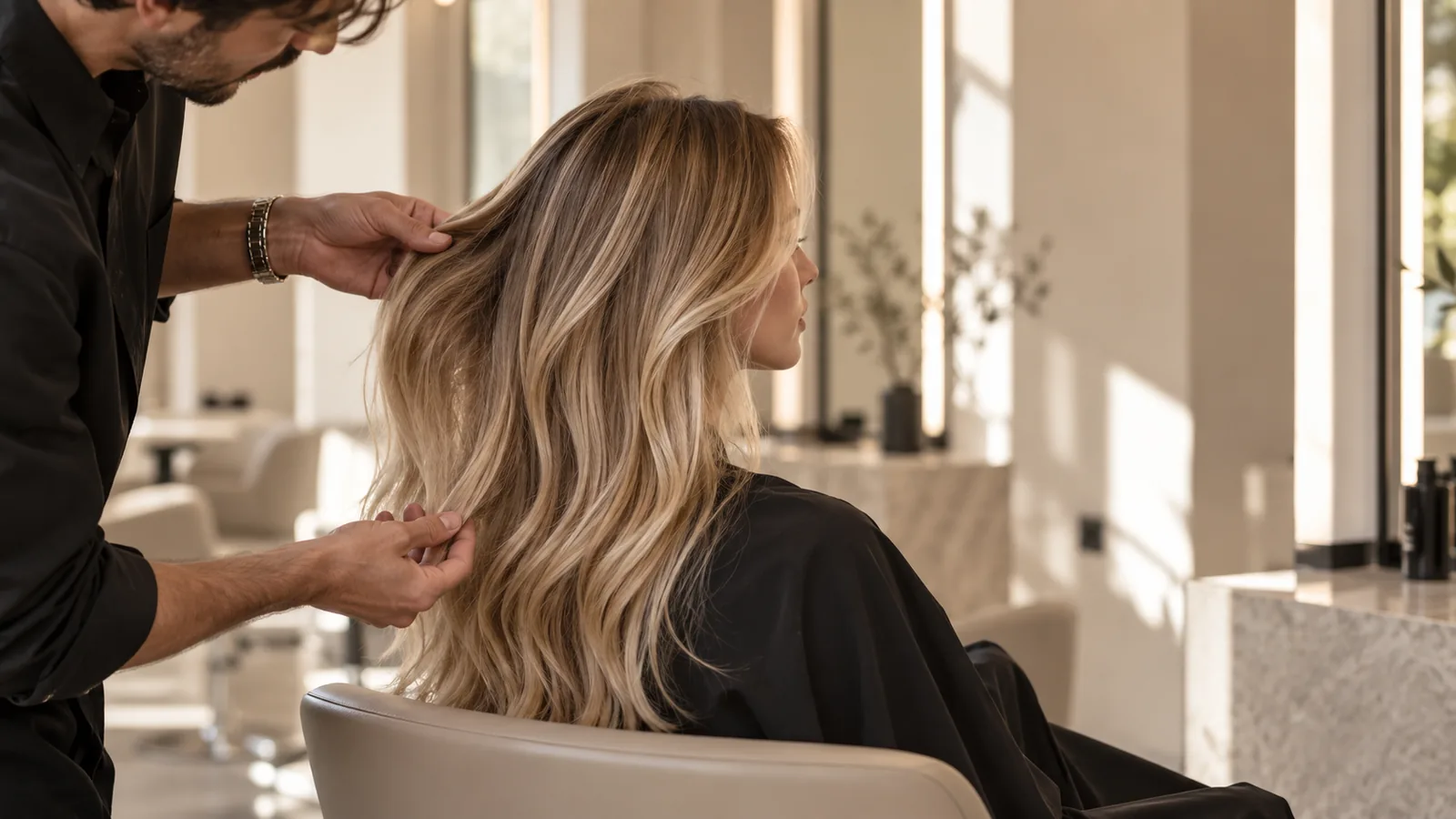 Colourist assessing dimensional blonde hair at NOA Studio Barcelona