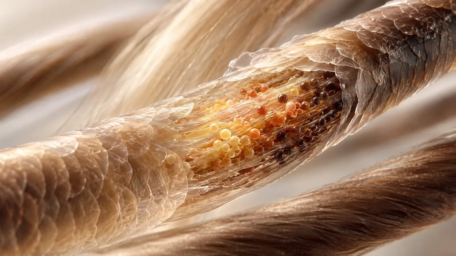 Detailed illustration of pigment and structure inside a strand of hair